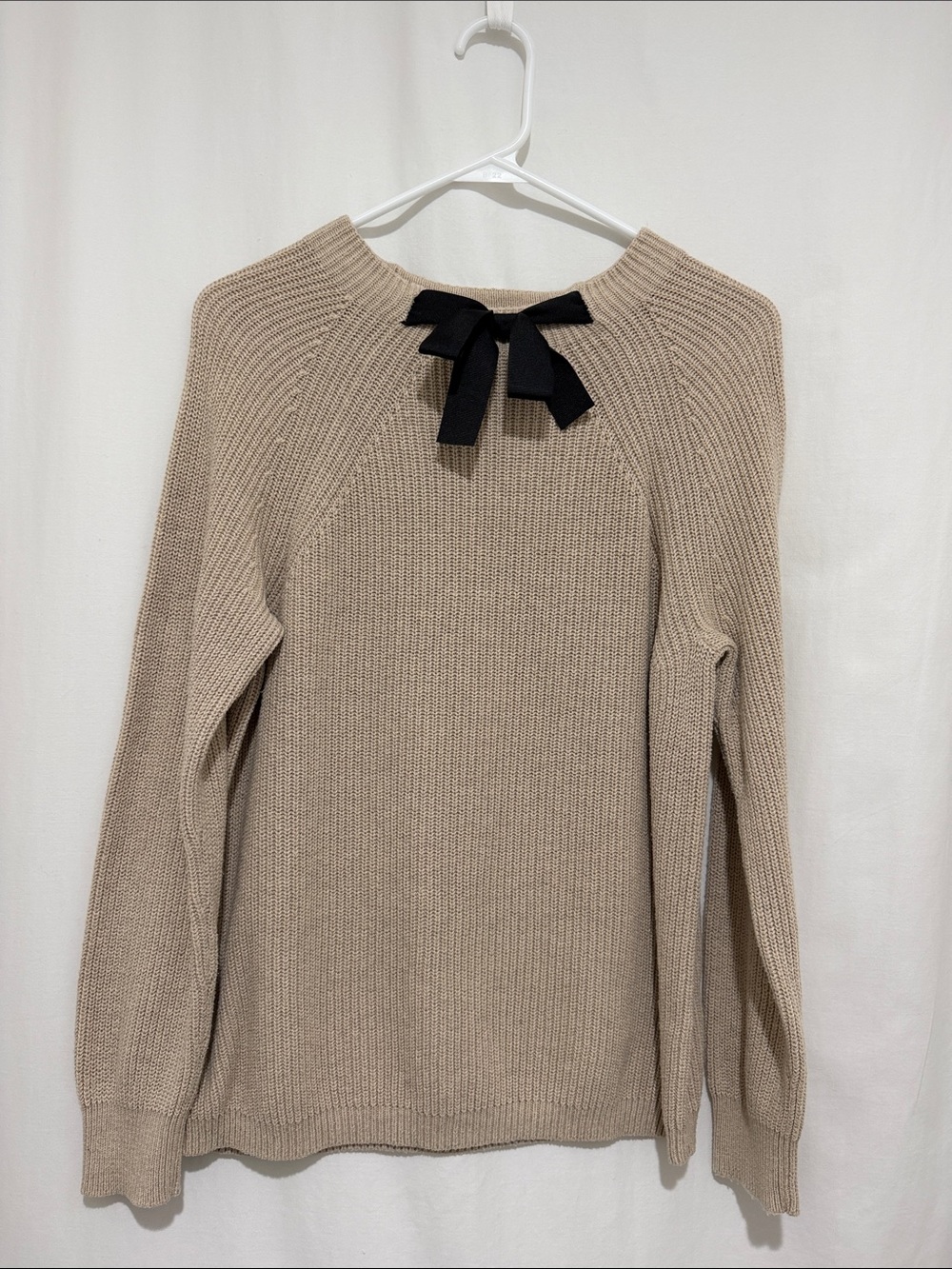 J Crew Beige Cotton Merino Blend Knit Sweater with Black Bow Accent Size S